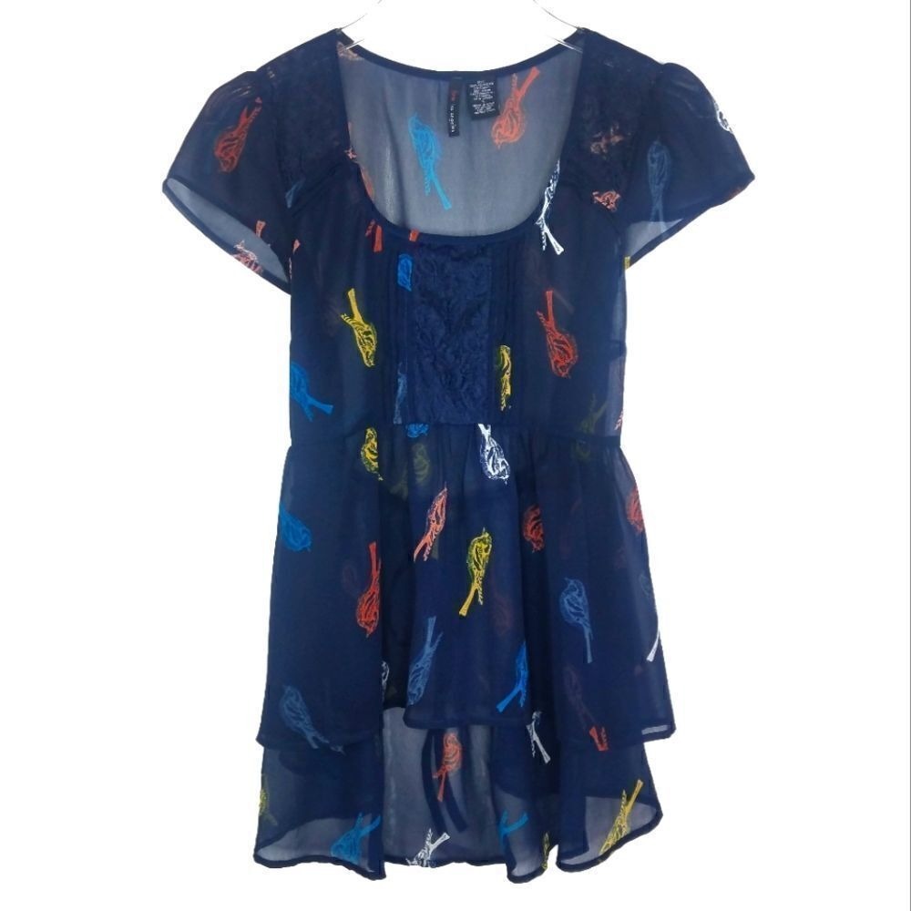 Fire‎ Los Angeles Navy Blue Bird Print Lace Chiffon High Low Top Size Small